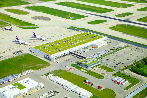 Airport Construction Chicago-  FedEx O'Hare Cargo Facility aerial shot with roof vegetation